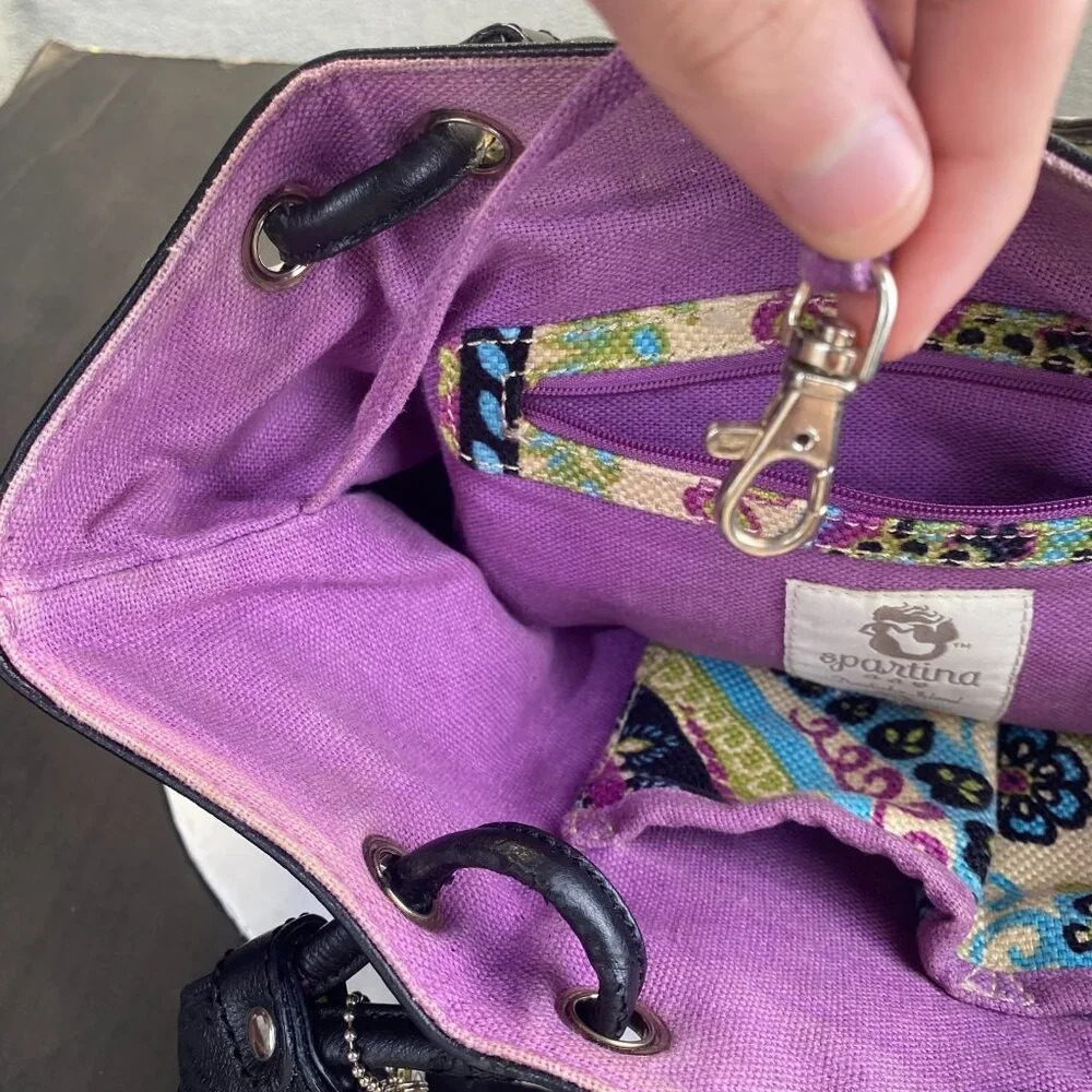 Spartina 449 Floral Multicolor Linen‎ Fabric with Black Leather Trim Tote Bag